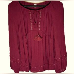 Old Navy Womens Burgundy Peasant Cottage Tassel Balloon Sleeve Blouse small